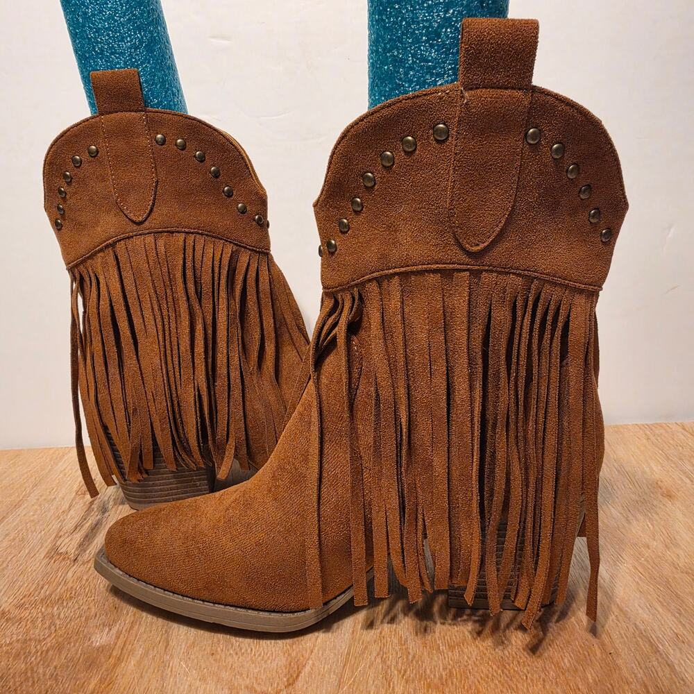 Hankwell women's fringe cowboy boots snip toe ankle boot western buckle size 7